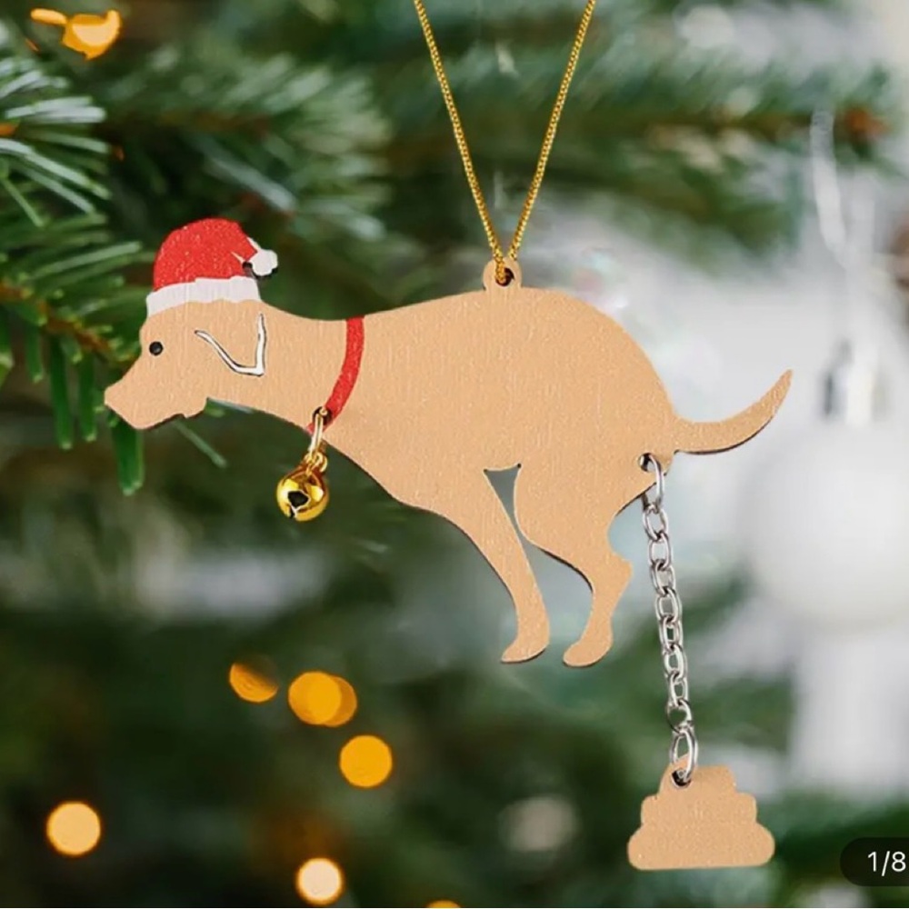 Pooping Dog Christmas Ornament Santa Puppy Doing His Business Novelty Unique Gag
